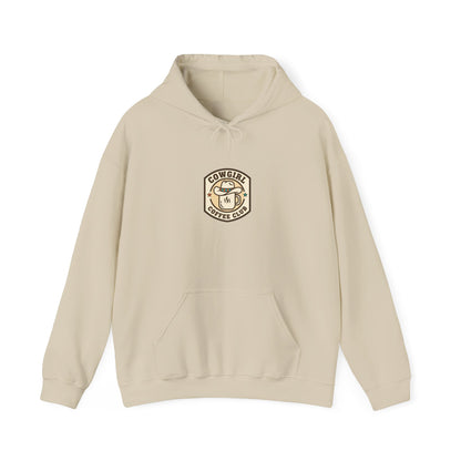 Cowgirl Coffee Club Hoodie | Western Badge Typography, Rustic Collegiate Emblem