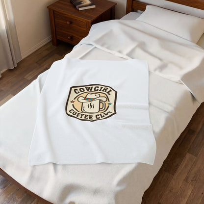 Cowgirl Coffee Club Velveteen Blanket | Western Badge Typography, Rustic Collegiate Emblem