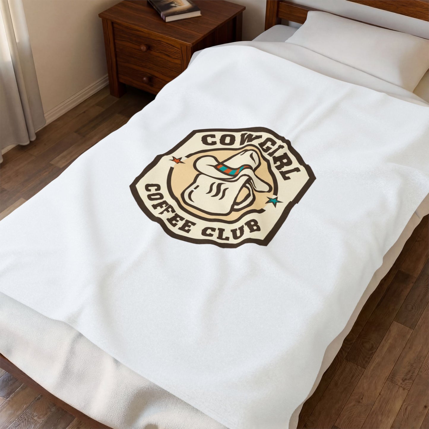 Cowgirl Coffee Club Velveteen Blanket | Western Badge Typography, Rustic Collegiate Emblem