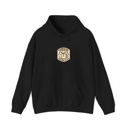 Cowgirl Coffee Club Hoodie | Western Badge Typography, Rustic Collegiate Emblem