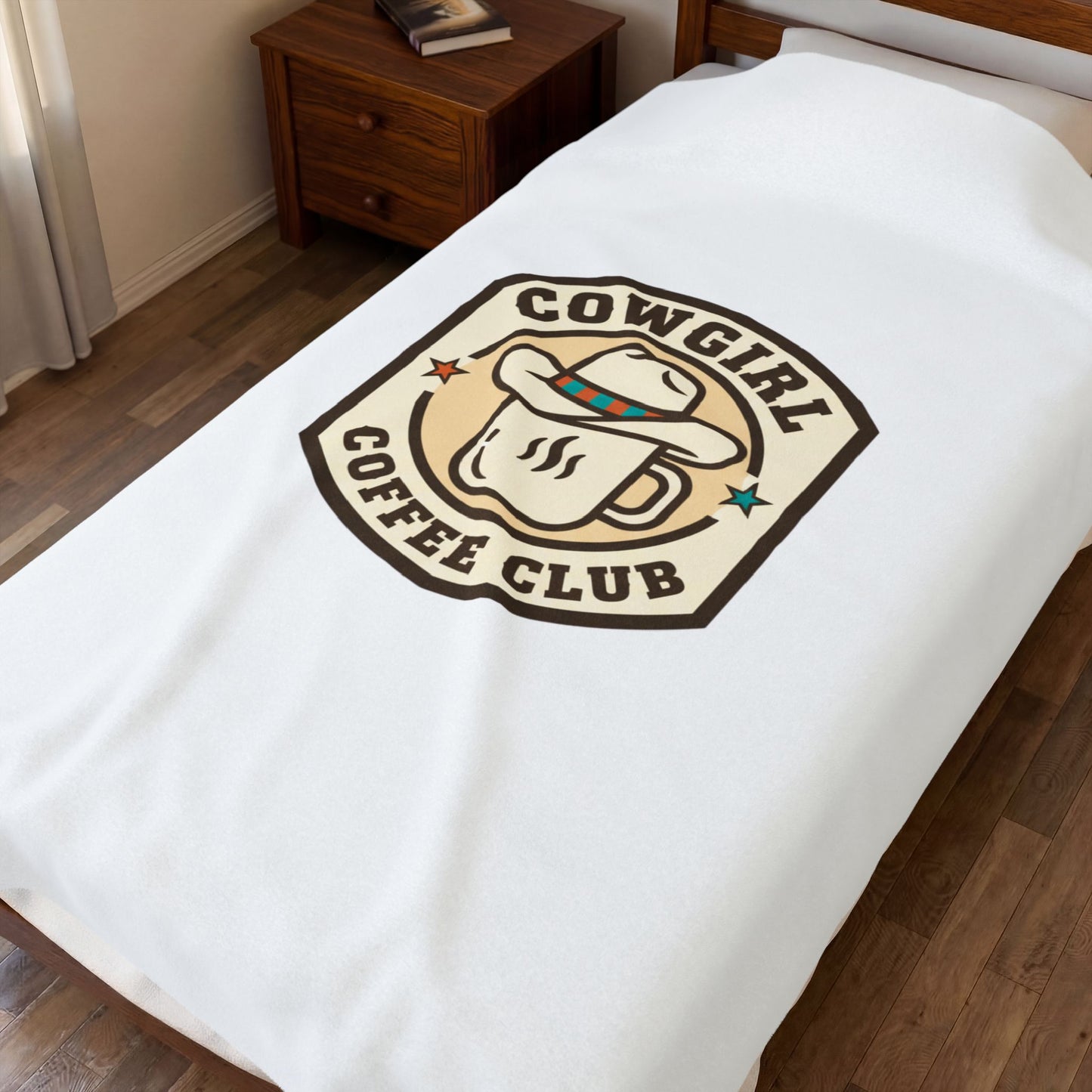 Cowgirl Coffee Club Velveteen Blanket | Western Badge Typography, Rustic Collegiate Emblem