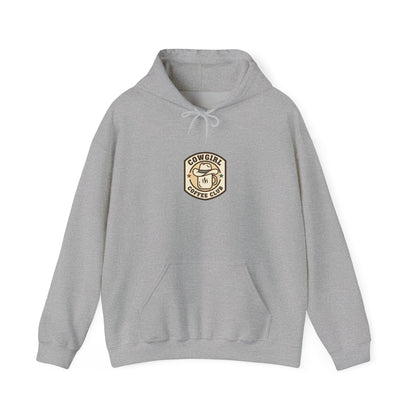 Cowgirl Coffee Club Hoodie | Western Badge Typography, Rustic Collegiate Emblem